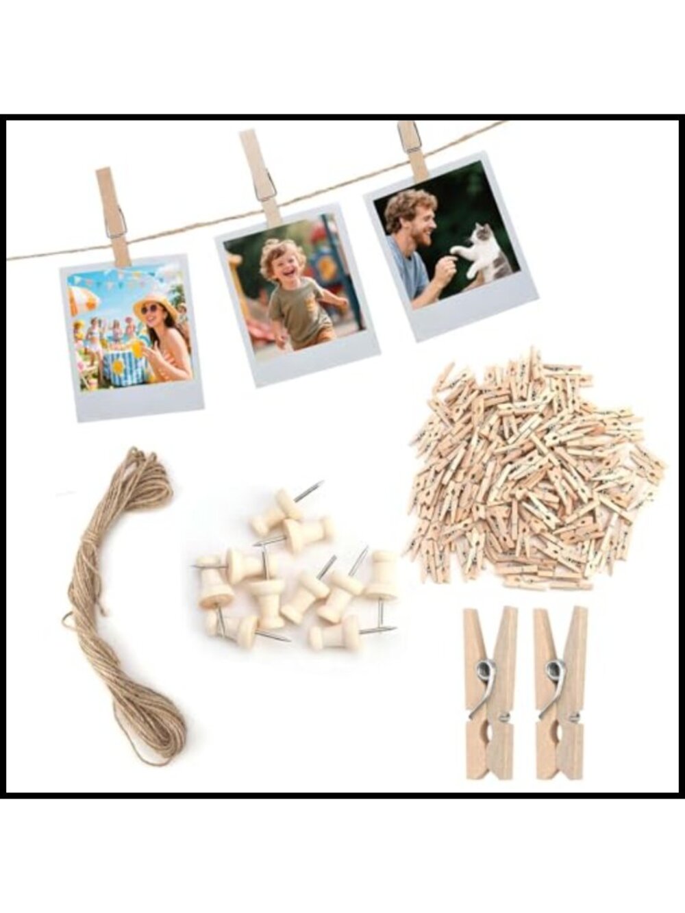 Mini Wooden Clothespins 150pc with Twine & Photo Pins for DIY Crafts